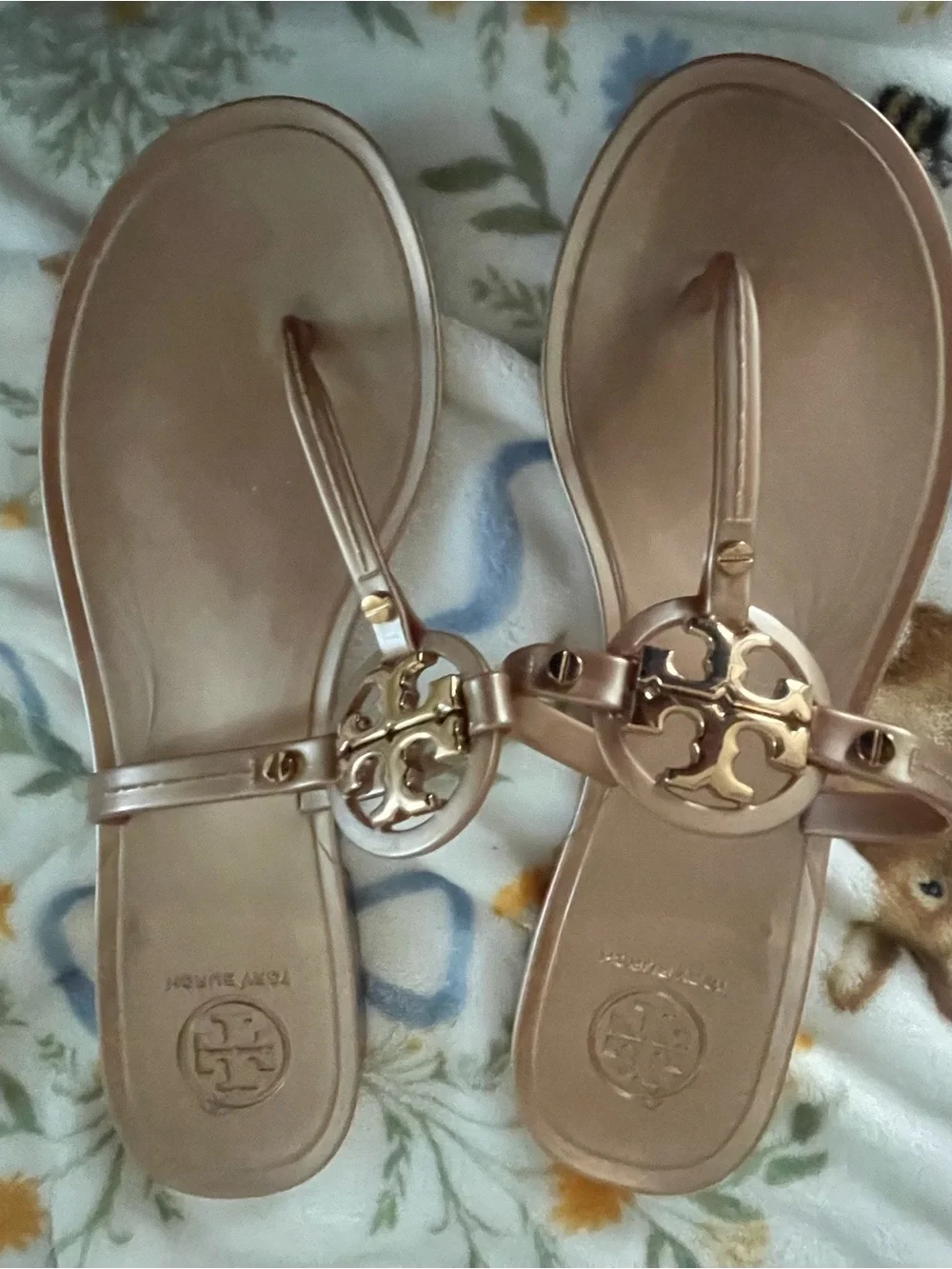 Tory Burch Metallic Rose Gold Logo Thong Sandals